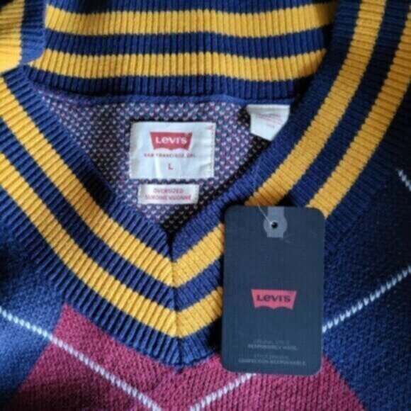 LEVI'S Preppy Argyle RETRO 90's Stay Loose Oversized V-Neck Sweater Sz Large - Picture 4 of 16